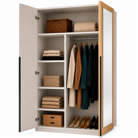 Dulap Oslo 2 Uși cu Oglindă, 90 cm, Cashmere cu Stejar Auriu – 200 x 90 x 50 cm [2]