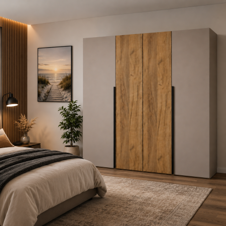 Dulapuri 4 uși - Dulap OSLO 4 Uși 200x180x50 cm Cashmere cu Stejar Auriu | PAL 18 mm | Balamale Soft Close 3D