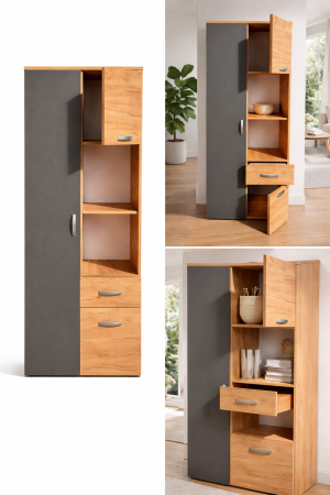 Dulap Royal Vitrina cu 3 Usi si sertar, Stejar Auriu & Gri Antracit – Mobilier Modern PAL 18 mm [4]