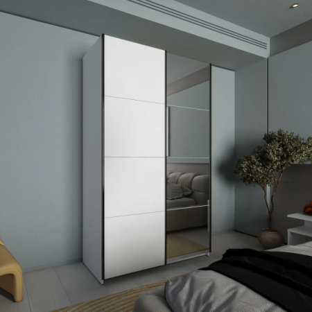 Dulapuri culisante - Dulap Zegna cu 2 Uși Culisante si Oglinda, 150x61x204,5 cm, Culoare Alb Platinum