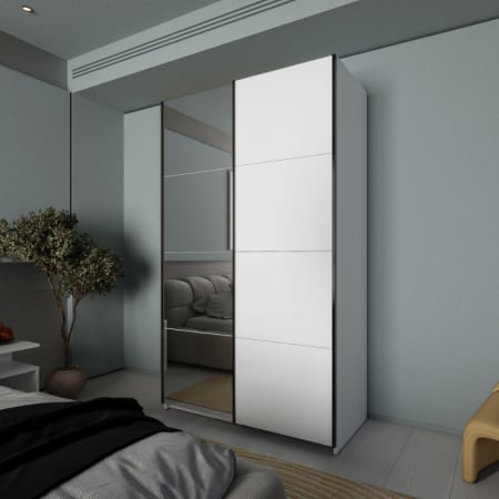 NOUTATI - Dulap Zegna cu 2 Uși Culisante si Oglinda, 150x61x204,5 cm, Culoare Alb Platinum