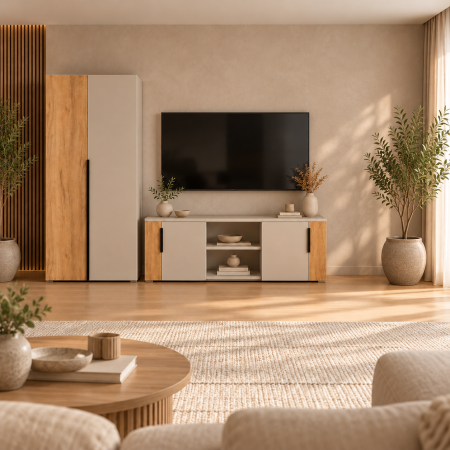 Seturi living - Living OSLO 2 piese, dulap și comodă TV, Cashmere și Stejar Auriu, PAL 18 mm