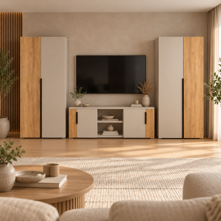 Seturi living - Living OSLO 3 piese, 2 dulapuri și comodă TV, Cashmere cu Stejar Auriu, PAL 18 mm