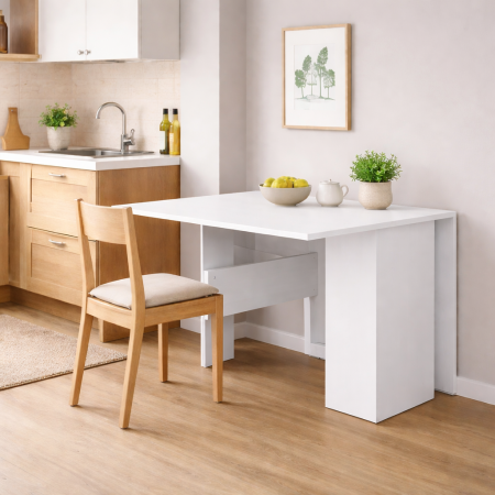 Mese - Masă pliantă extensibilă cu roți 40-184x90x80 cm, 8 persoane, PAL 18 mm, Alb Mat