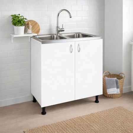 Bucatarii - Masca Chiuvetă 80x87x50 cm, 2 Uși, Alb Mat, PAL 18 mm, Picioare Reglabile