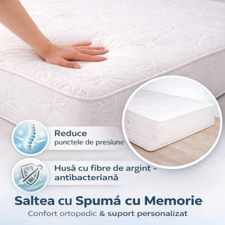 PATURI - Saltea 140 cm cu Spumă cu Memorie 24 cm, Husă SilverCare Antibacteriană, Suport Ortopedic, Confort Ridicat