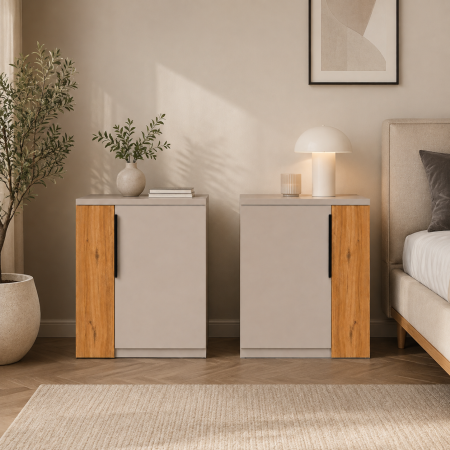 Comode - Set 2 Noptiere OSLO Cashmere & Stejar Auriu 40x45x40 cm – PAL 18 mm, Design Modern