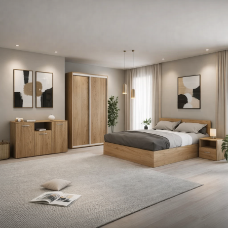 Seturi dormitor - Set Dormitor Smart, Material Pal 18mm, Culoare Stejar Auriu