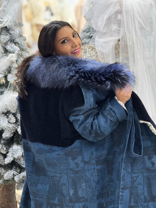 Haina cu blana naturala combinatie din denim si astrahan [9]