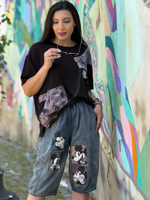 Blugi scurti din denim cu imprimeu Mickey Mouse [5]