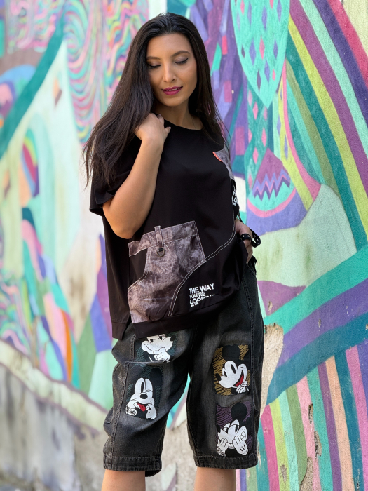 Blugi scurti din denim cu imprimeu Mickey Mouse [6]