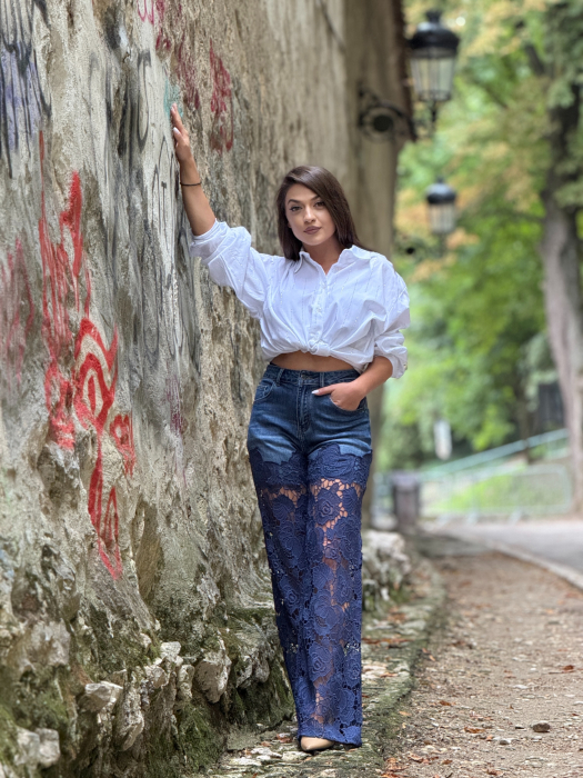 Blugi wide leg din dantela florala [2]
