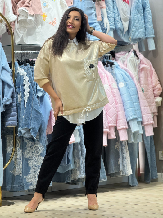 Bluza bej cu textura satinat-fina si buzunar perforat [6]