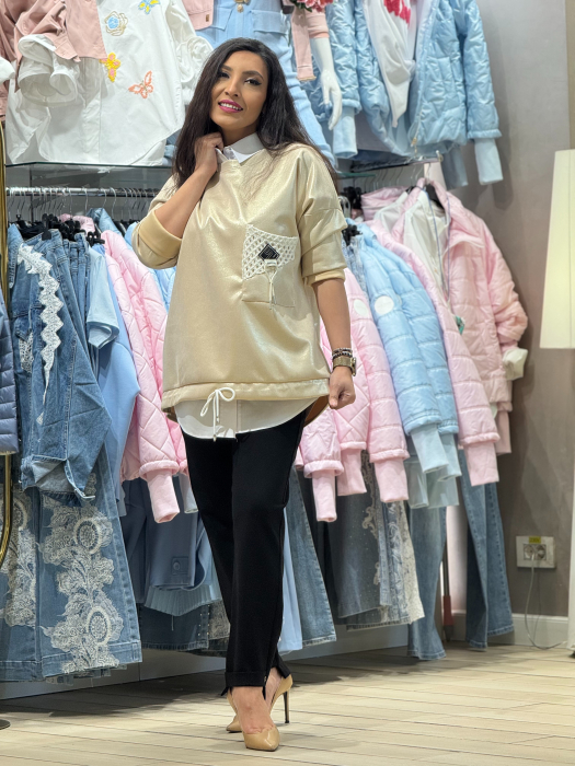 Bluza bej cu textura satinat-fina si buzunar perforat [4]