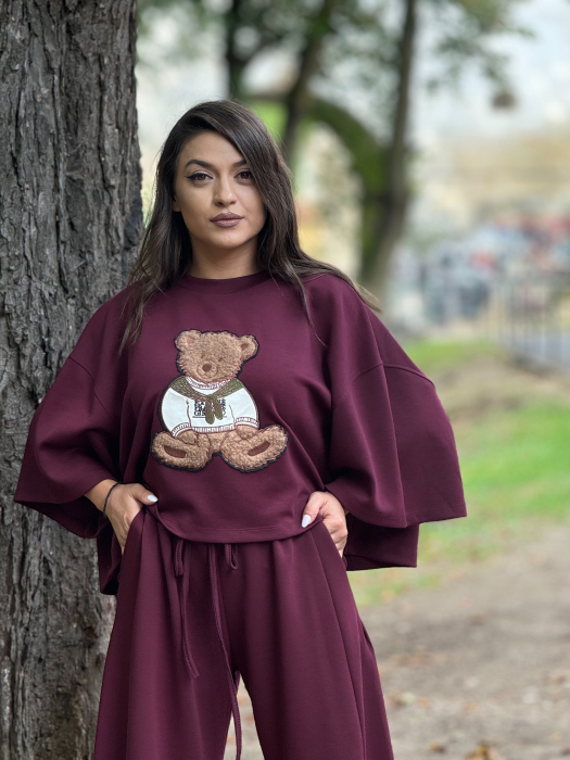 Bluza bordo cu imprimeu ursulet [1]
