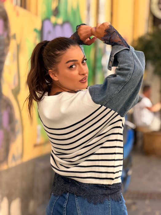 Bluza cu dungi Los Angeles si maneca din jeans [3]