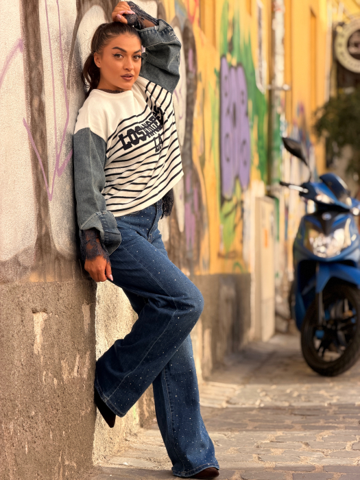 Bluza cu dungi Los Angeles si maneca din jeans [4]