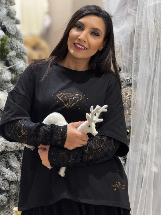 Bluza cu maneca din dantela si imprimeu diamant [4]