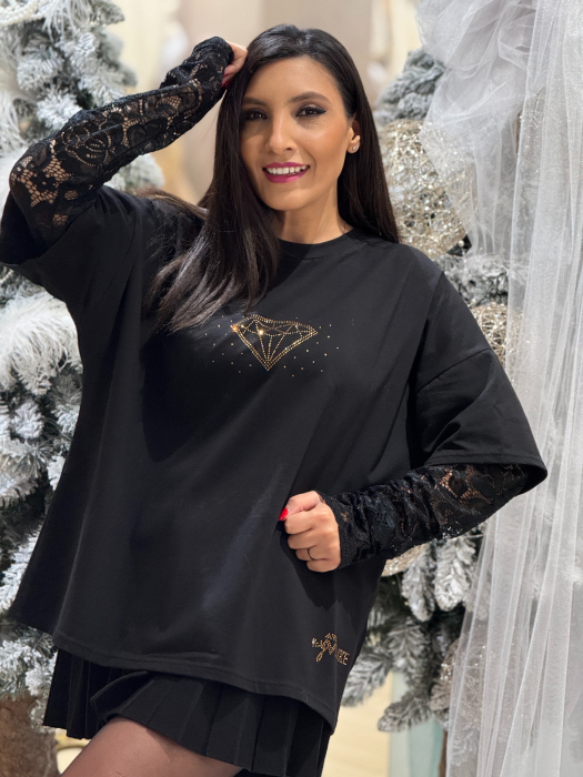 Bluza cu maneca din dantela si imprimeu diamant [1]