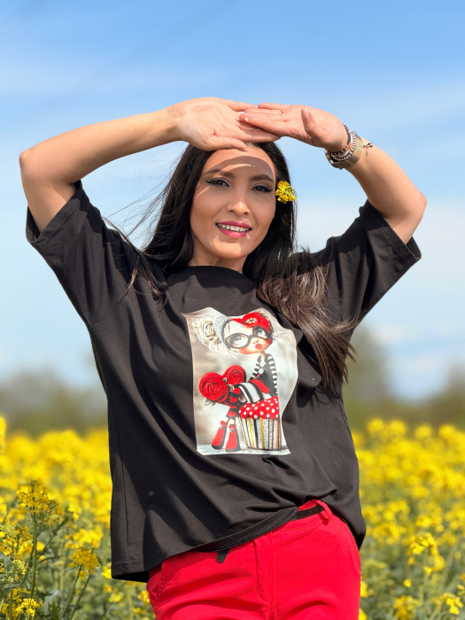 Bluza din bumbac cu fetita cu flori rosii [2]