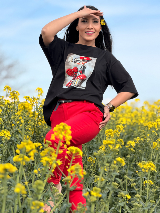 Bluza din bumbac cu fetita cu flori rosii [4]