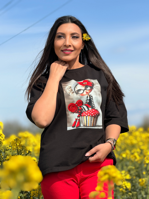 Bluza din bumbac cu fetita cu flori rosii [3]