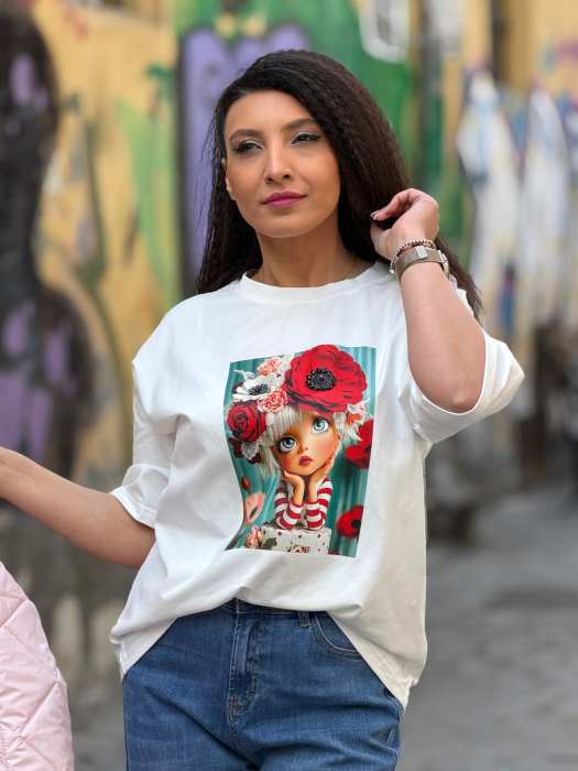 Bluza din bumbac cu imprimeu fata cu flori in par [3]