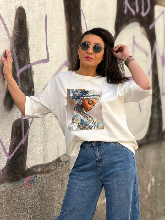 Bluza din bumbac cu imprimeu fata cu turban si perlute [4]