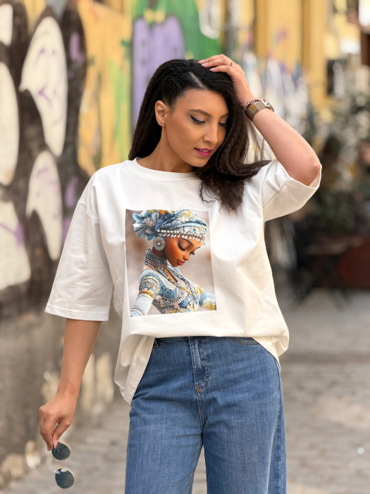 Bluza din bumbac cu imprimeu fata cu turban si perlute [3]