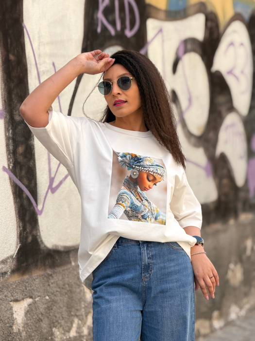 Bluza din bumbac cu imprimeu fata cu turban si perlute [5]