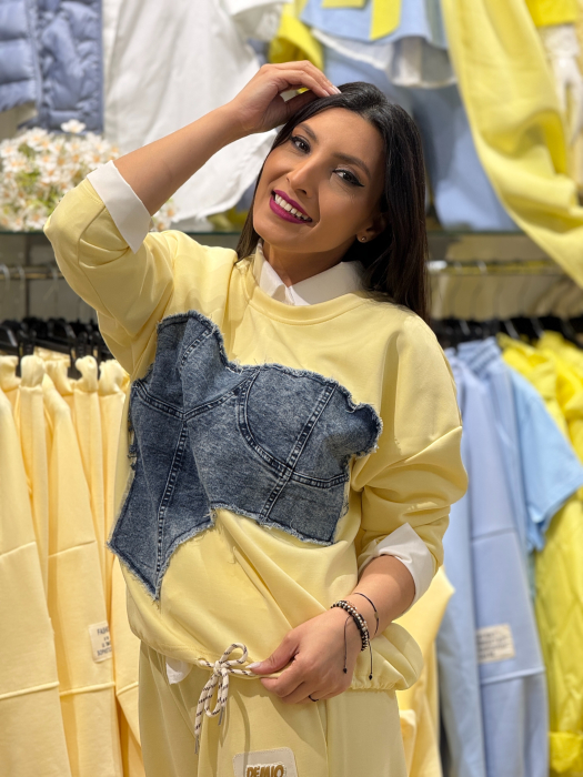 Bluza pe croi lejer cu detaliu din jeans si snur in partea de jos [4]
