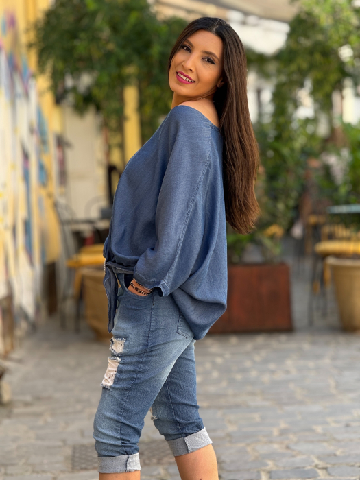Bluza tip denim  cu decolteu in V si detaliu decorativ [3]
