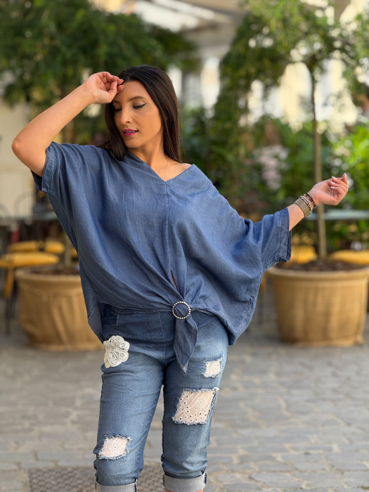 Bluza tip denim  cu decolteu in V si detaliu decorativ [5]