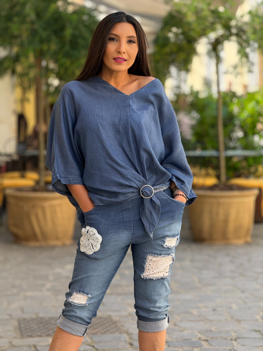 Bluza tip denim  cu decolteu in V si detaliu decorativ [2]