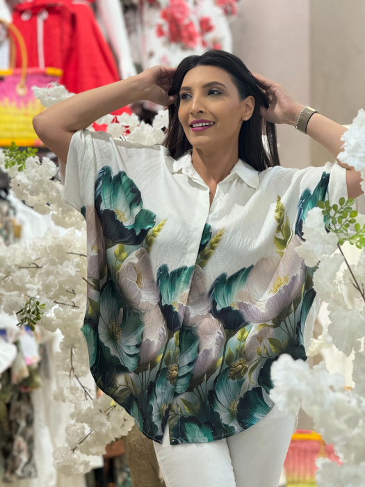 Camasa alba cu imprimeu floral verde [2]