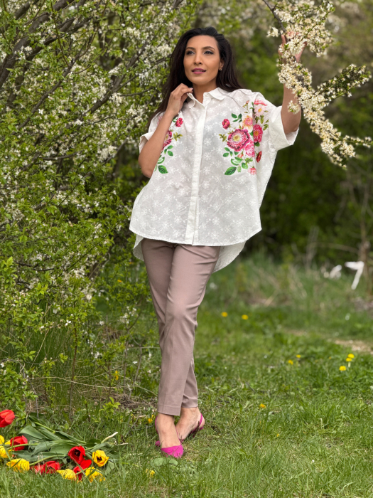 Camasa cu broderie florala si imprimeu floral amplu pe lateral [7]