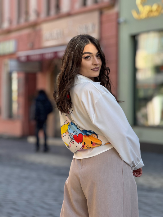 Cămașă damă cu imprimeu pisici și nod frontal [4]