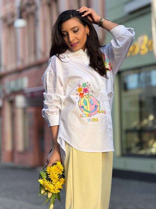 Cămașă damă lejeră cu guler clasic, mânecă reglabilă și imprimeu colorat tip smiley [4]