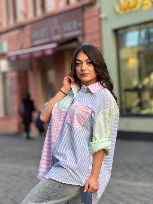 Camasa din bumbac cu dungi multicolore si nasturi [2]