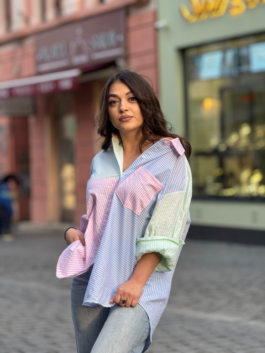 Camasa din bumbac cu dungi multicolore si nasturi [3]