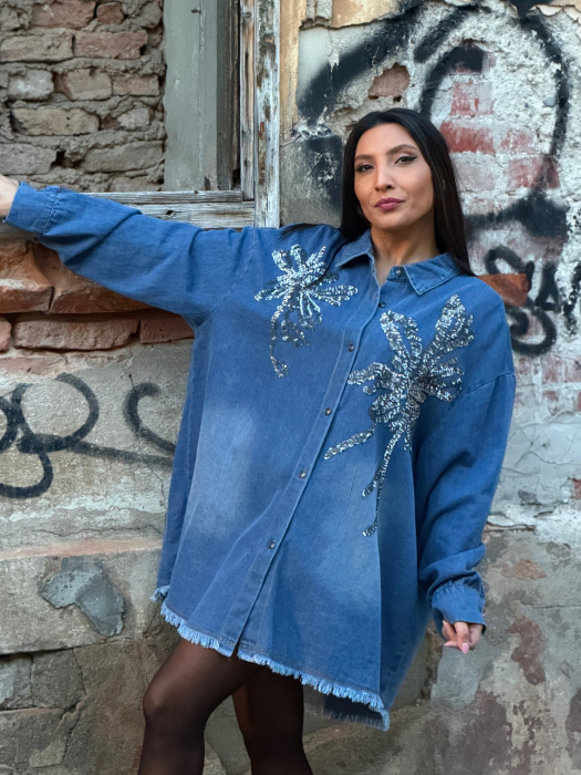 Camasa din jeans cu flori din strasuri [9]