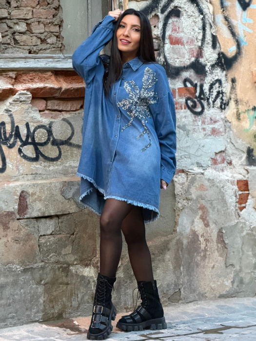 Camasa din jeans cu flori din strasuri [4]