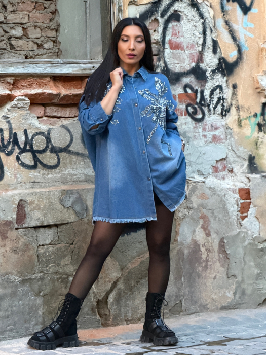 Camasa din jeans cu flori din strasuri [3]