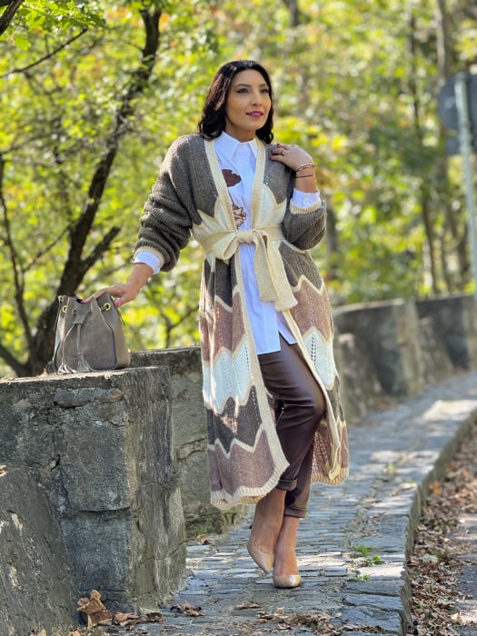 Cardigan lung tricotat cu dungi si model zig-zag [1]