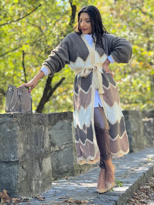 Cardigan lung tricotat cu dungi si model zig-zag [2]