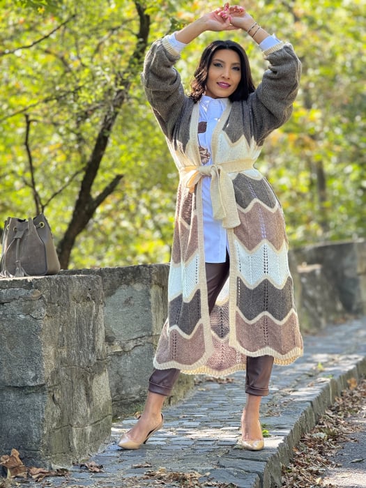 Cardigan lung tricotat cu dungi si model zig-zag [3]