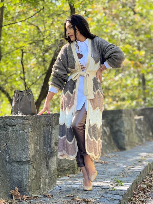 Cardigan lung tricotat cu dungi si model zig-zag [4]