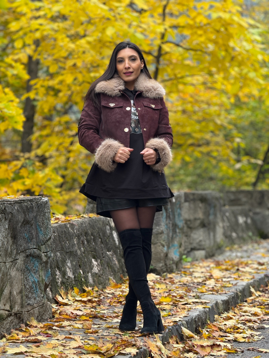 Geaca bordo din piele intoarsa cu blana [4]