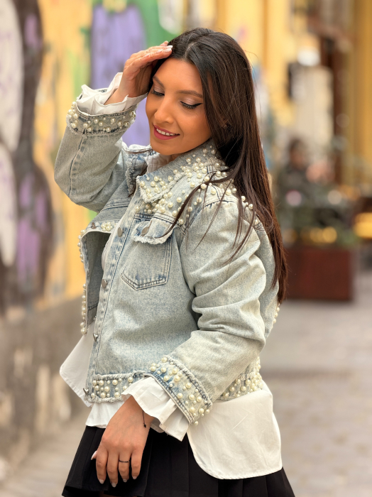 Geaca din jeans cu perle aplicate [2]