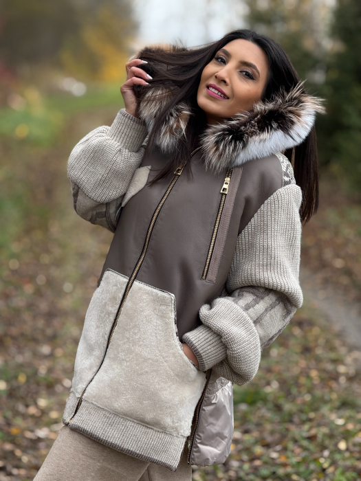 Geaca din piele ecologica si tricot cu guler din blana naturala [5]